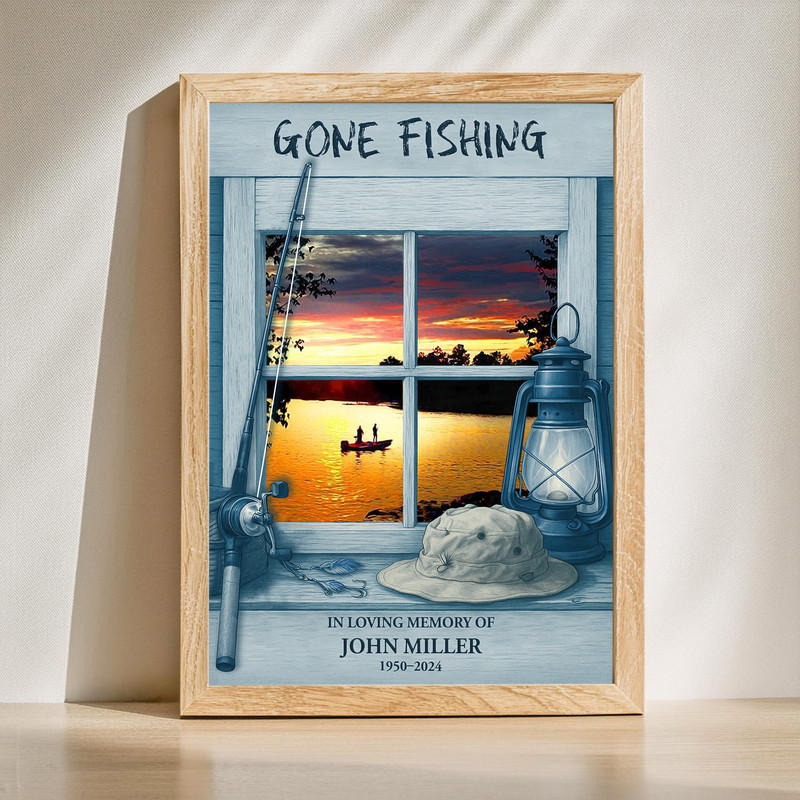Gone Fishing memorial canvas wall art personalized with name and dates, fisherman silhouette by lake at sunset, horizontal | Familywalldecor