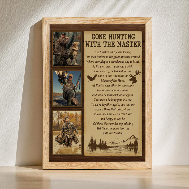 Gone Hunting memorial canvas wall art with rustic farmhouse wood texture, personalized with hunter's name and dates, condolence decor | Familywalldecor