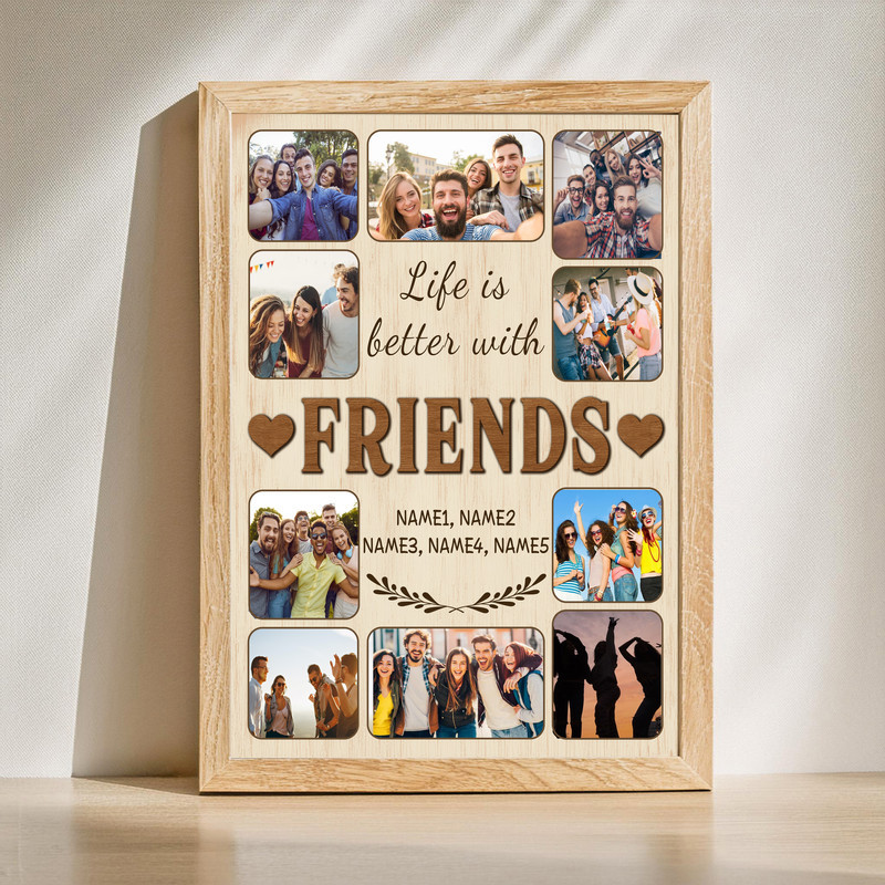 Life Is Better With Friends photo collage canvas wall art, personalized with names and six photos, gift for friends | Family Wall Decor