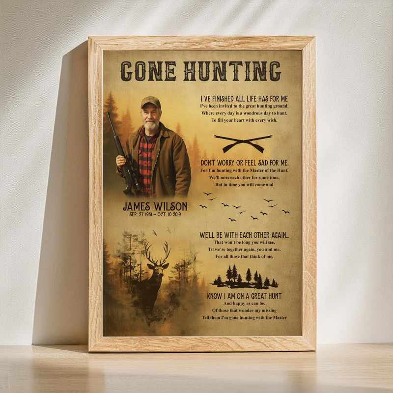 Rustic gone hunting canvas print with deer antlers and wood grain, personalized with name and dates, memorial gift for Dad | Familywalldecor