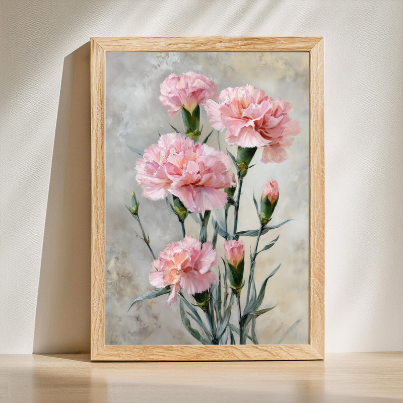 Pink carnation botanical oil painting canvas wall art, portrait with soft petals and green leaves on a cream background | Familywalldecor