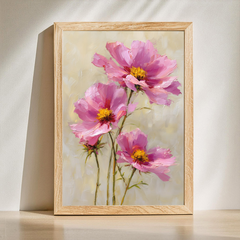 Pink cosmos flower canvas wall art, close-up oil painting with textured brushstrokes and golden center, portrait orientation | Familywalldecor