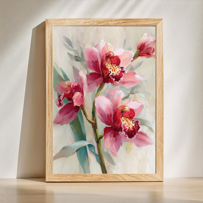 Pink orchid botanical canvas wall art oil painting portrait, single stem with soft blush petals on a light cream background | Familywalldecor