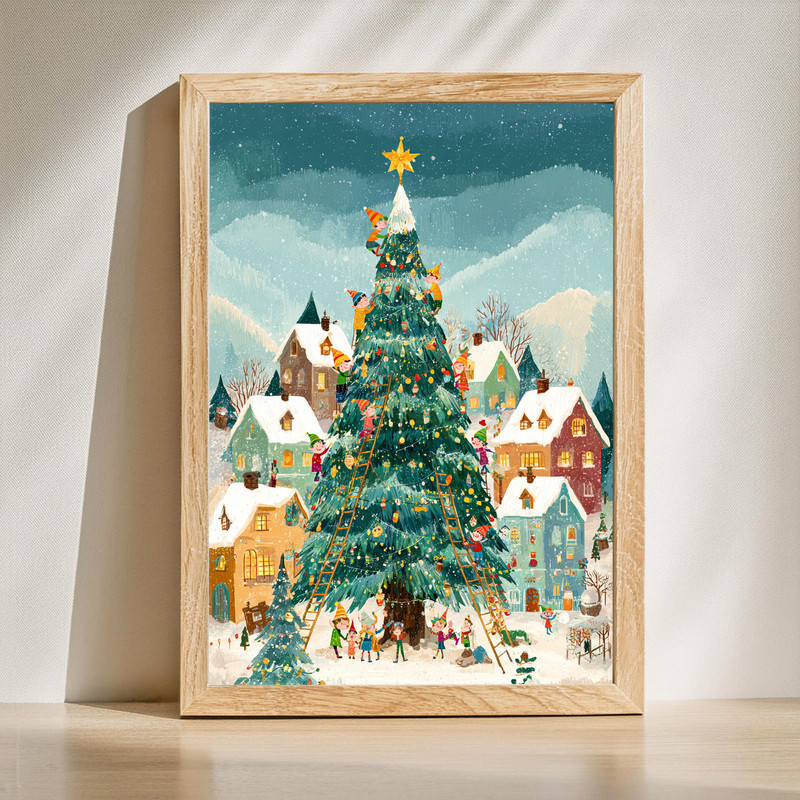 Playful Christmas village with elves canvas wall art, snowy cottages and twinkling lights for festive hallway winter decor | Familywalldecor