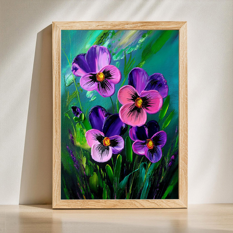Pansy flowers canvas wall art, vertical portrait of purple and yellow blooms with green leaves in realistic botanical style | Familywalldecor