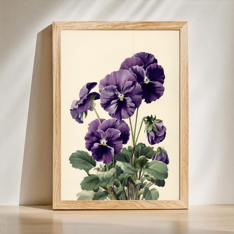 Pansies flowers canvas wall art, vertical portrait of purple and yellow blooms, botanical style for living room decor | Familywalldecor