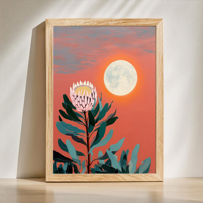 Pink protea flower with moon canvas wall art, portrait botanical print on canvas, modern floral decor for living room walls | Familywalldecor