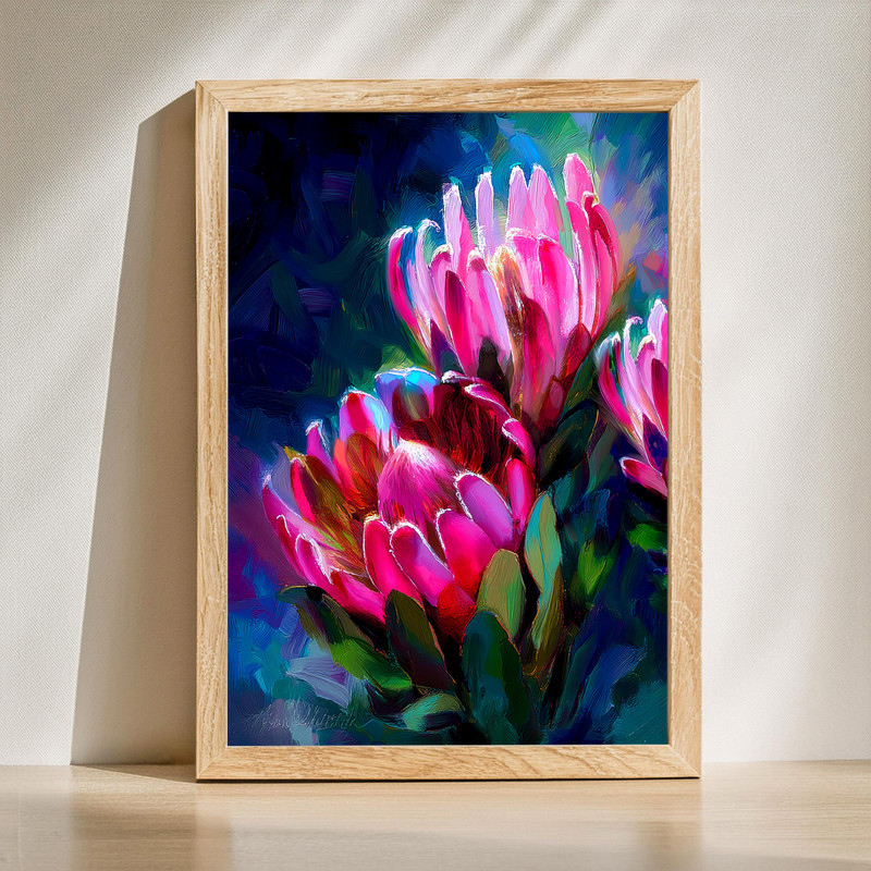 Pink protea botanical canvas wall art, portrait of a bloom with soft blush petals and leaves on a neutral background | Familywalldecor