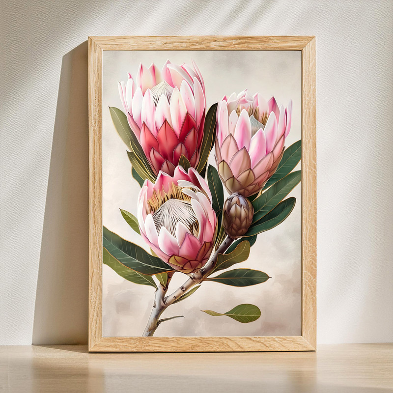 Protea flowers canvas wall art portrait in soft blush and sage, botanical style on canvas, vertical format for modern decor | Familywalldecor