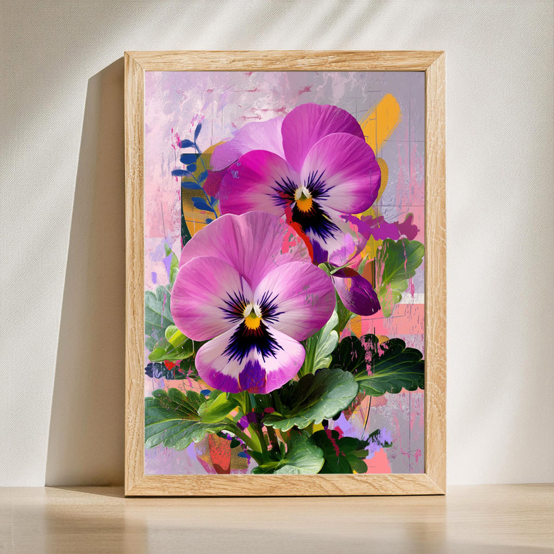 Portrait of purple pansies collage canvas wall art with layered violet blooms on textured cream backdrop, vertical orientation. | Familywalldecor