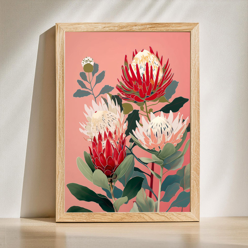 Red and pink protea flowers canvas wall art, vertical botanical portrait with textured petals and soft green leaves | Familywalldecor