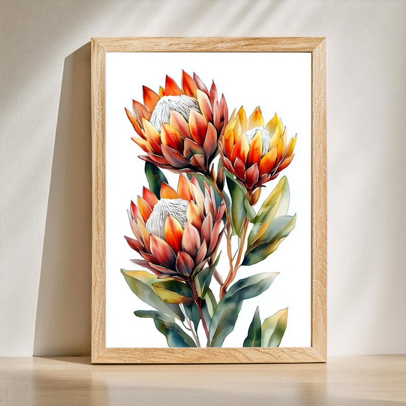 Orange protea flowers canvas wall art featuring three blooms in portrait orientation with green leaves on neutral background | Familywalldecor