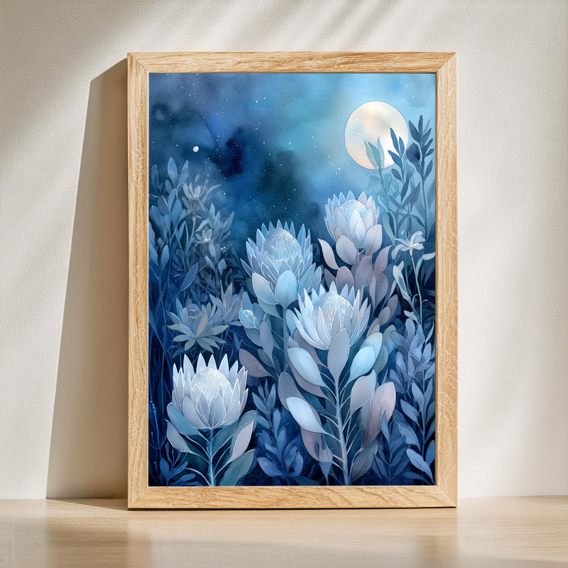 Protea Garden At Night canvas wall art with moody protea blossoms on a midnight blue backdrop, modern botanical decor | Familywalldecor