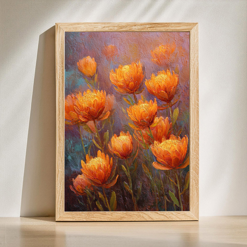 Protea garden at sunset canvas wall art with blush pink blooms and a golden sky, warm botanical decor for living room | Familywalldecor