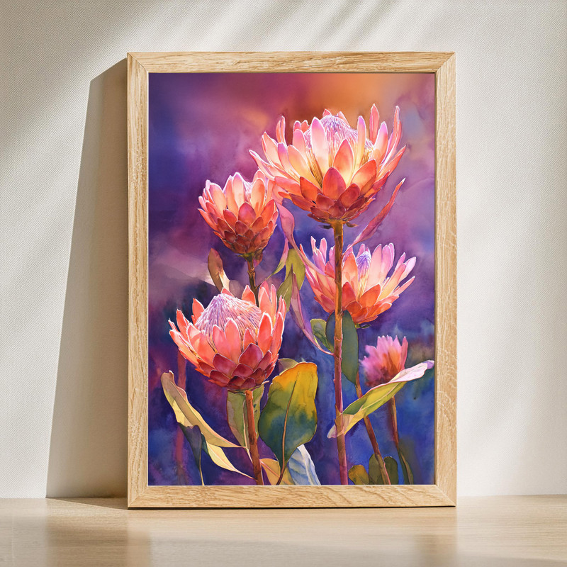 Protea garden sunset glow canvas wall art, vibrant protea blooms in warm golden light with pastel sky and lush green foliage | Familywalldecor