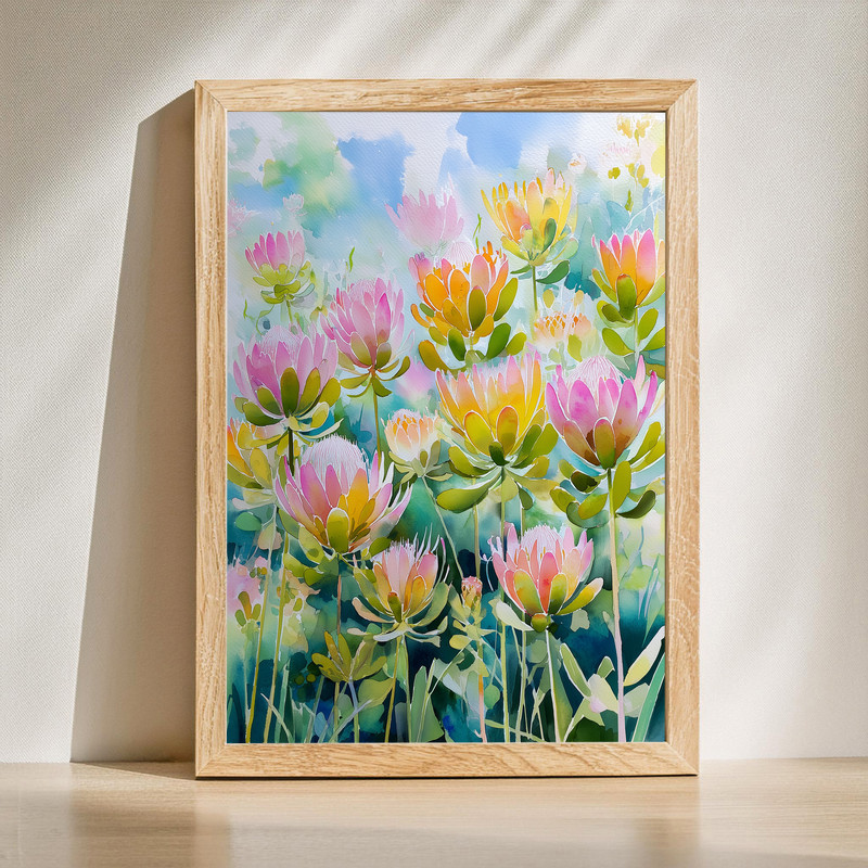 Protea garden canvas wall art with sunlit pink blooms, lush green foliage, and blue sky for bright botanical wall decor | Familywalldecor