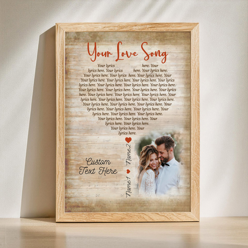 Romantic song lyrics canvas wall art with custom names and date in elegant script, portrait layout, gift for couples | Familywalldecor