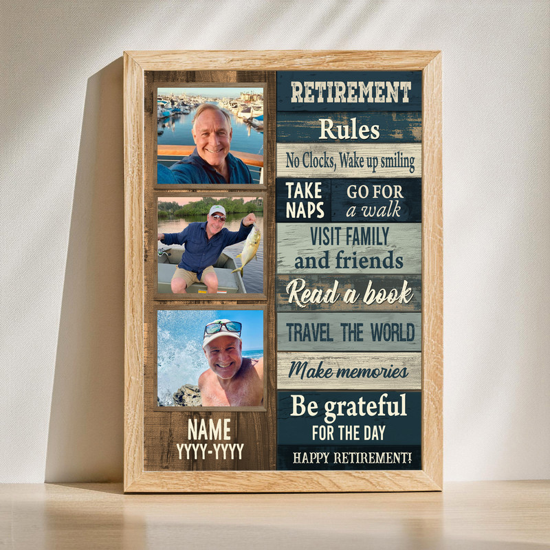 Rustic coastal retirement photo collage canvas wall art, personalized with names, dates, and photos, meaningful gift for Dad | Familywalldecor