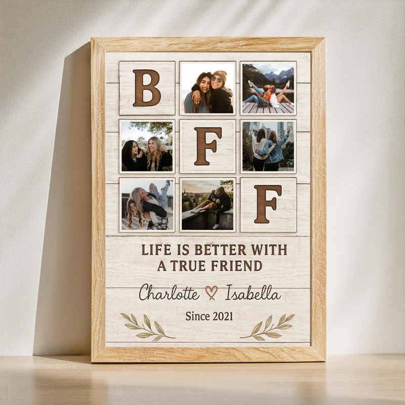 Rustic farmhouse bestie canvas wall art with personalized photo collage, custom names and date, ideal gift for best friends | Family Wall Decor