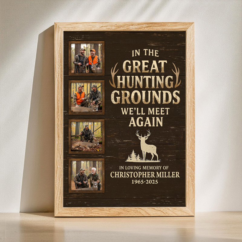 Rustic farmhouse memorial hunting canvas with antlers and forest silhouette, personalized with name and dates, cabin wall art | Familywalldecor