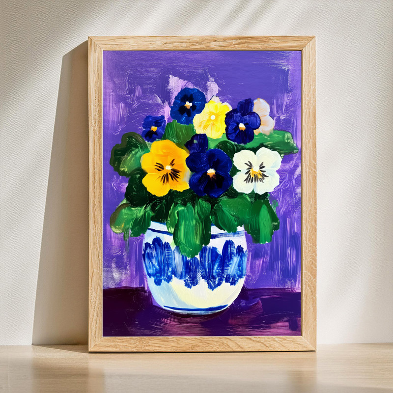 Rustic farmhouse pansies vase canvas wall art with a floral bouquet in a simple vase, textured canvas print for kitchen decor | Family Wall Decor
