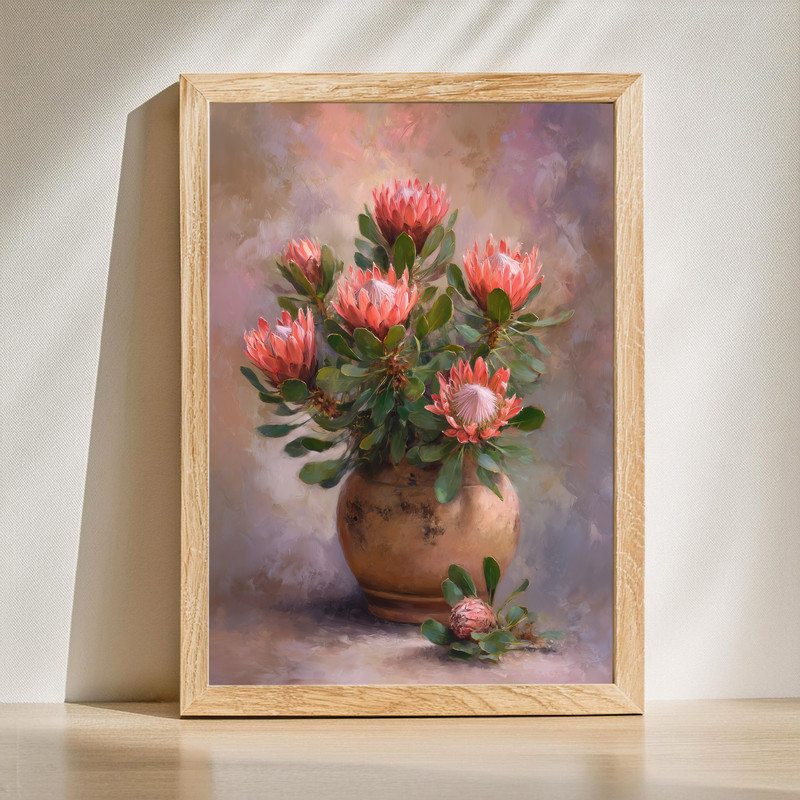 Rustic farmhouse protea canvas wall art featuring a single protea in terracotta clay pot, neutral tones, portrait orientation | Family Wall Decor