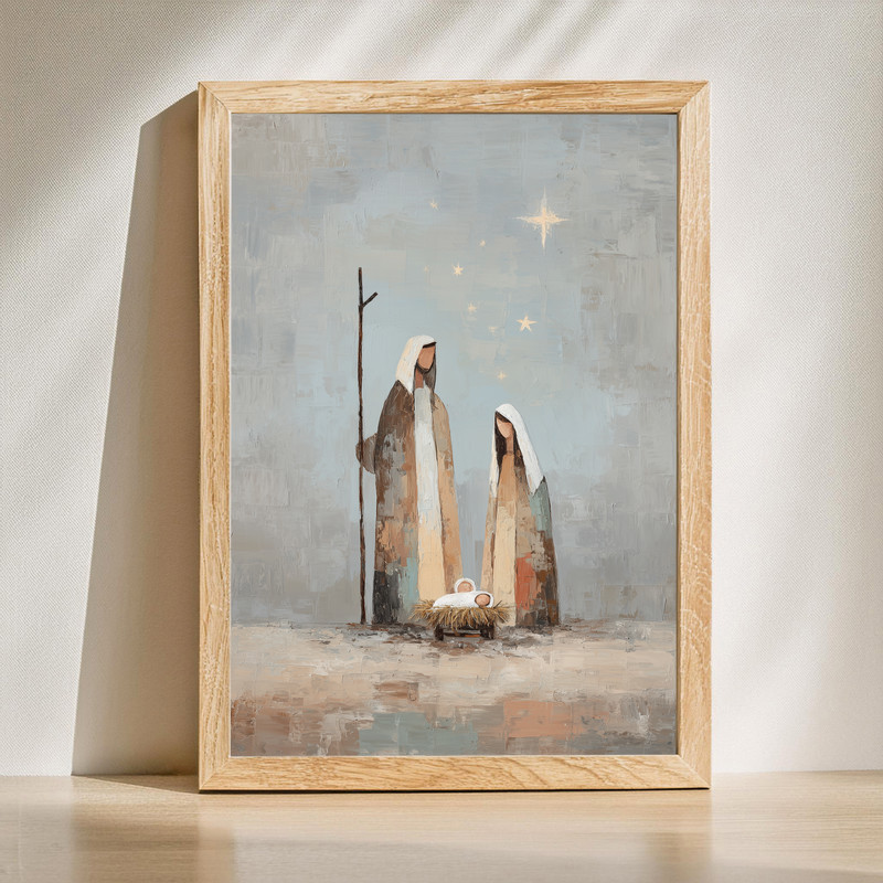 Nativity canvas wall art minimalist Holy Family line art in rustic tones, vertical layout for entryway Christmas decor | Familywalldecor