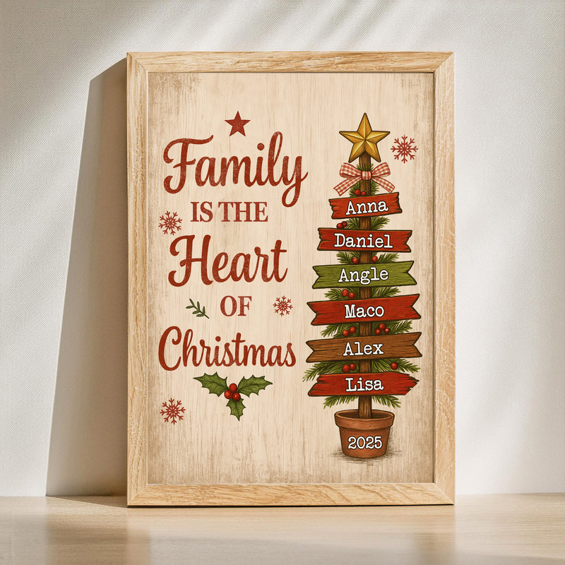 Rustic Christmas family tree canvas wall art with personalized family names, heart quote, wood background, portrait | Familywalldecor