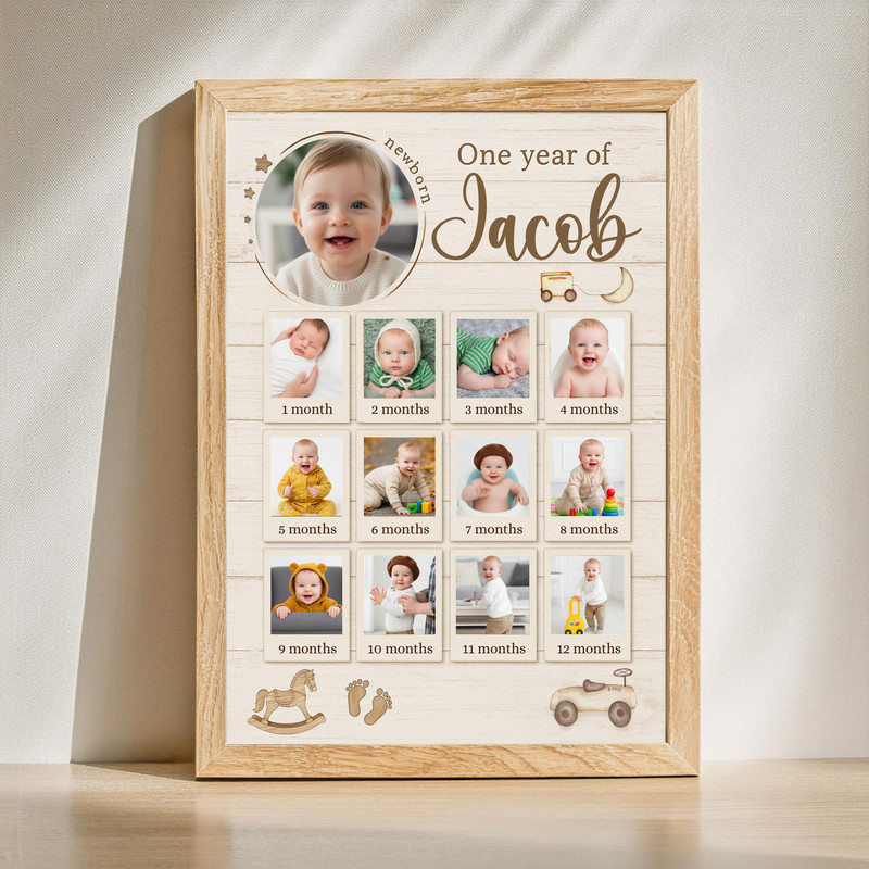 Rustic 1st birthday photo collage canvas print, baby first year milestones personalized with name and date for nursery decor | Familywalldecor