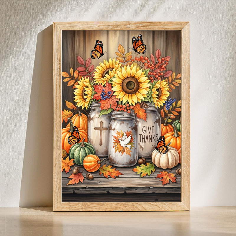 Rustic pumpkin and sunflower harvest still life canvas wall art, warm autumn palette, landscape orientation for hallway decor. | Familywalldecor