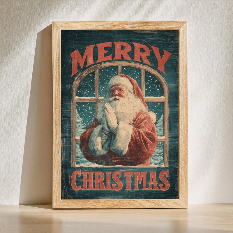 Rustic Santa Christmas canvas wall art in farmhouse vintage style, portrait orientation, distressed texture for hallway decor | Familywalldecor
