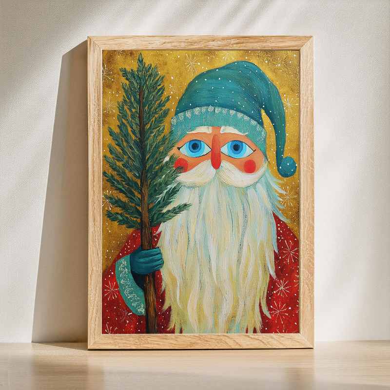 Rustic Santa Claus canvas wall art oil painting, whimsical Christmas hallway decor on canvas with vintage farmhouse charm | Familywalldecor