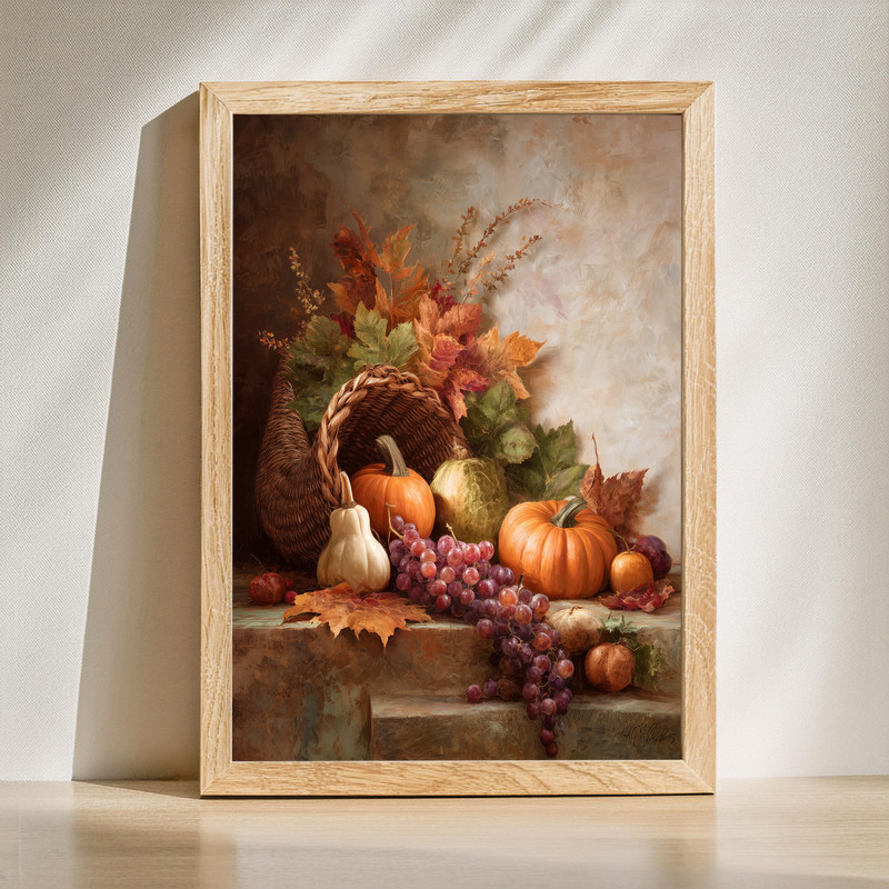 Rustic Thanksgiving centerpiece canvas wall art with pumpkins and mums in warm harvest tones, ideal for hallway decor