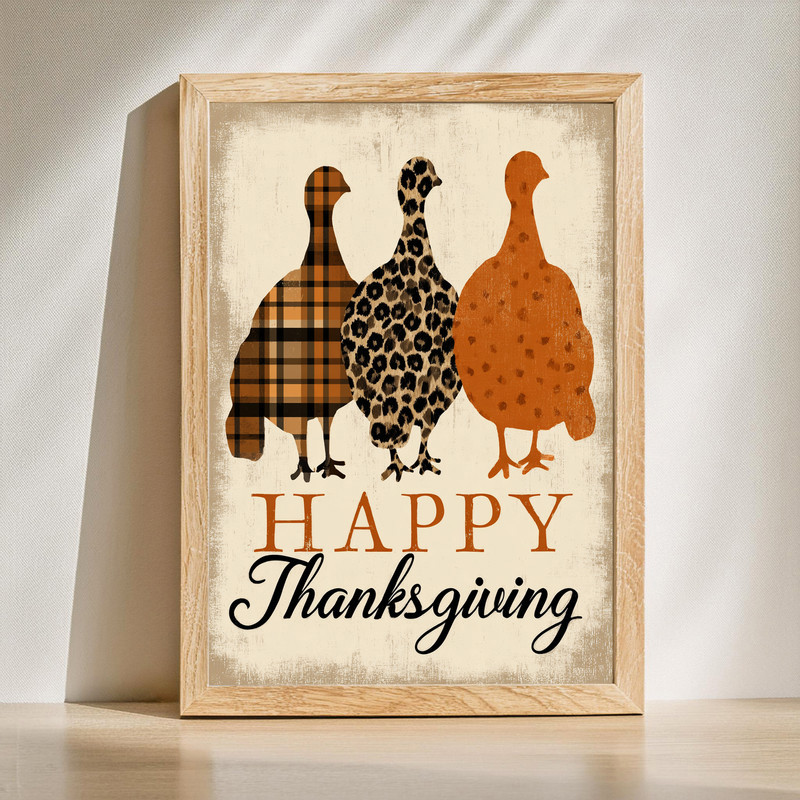 Rustic turkey silhouette canvas wall art for hallway decor with Happy Thanksgiving text, seasonal rustic print for entryway | Familywalldecor
