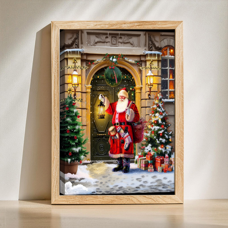 Santa at the doorway canvas wall art, festive oil painting scene for entryway holiday decor with wreath and snowy porch | Family Wall Decor