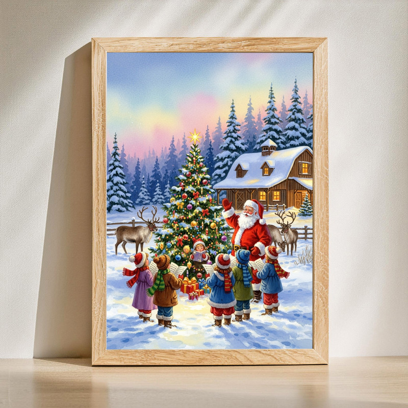 Santa Claus greeting children reindeer farm canvas wall art, rustic winter landscape for entryway, snow, lights, reindeer | Family Wall Decor