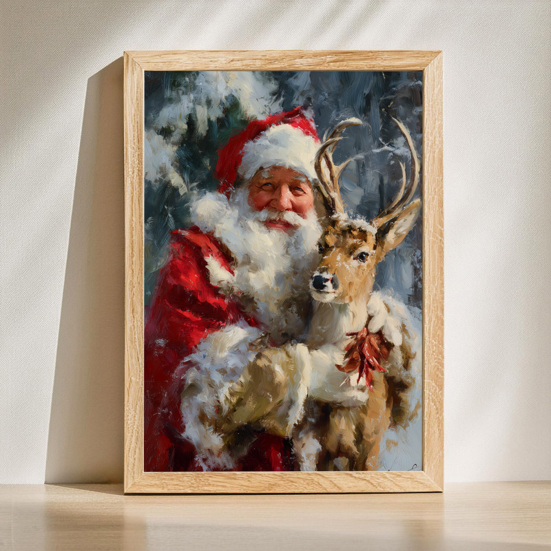 Santa Claus with reindeer forest canvas wall art, snowy pines and sleigh tracks, gallery-wrapped for cozy hallway decor | Familywalldecor