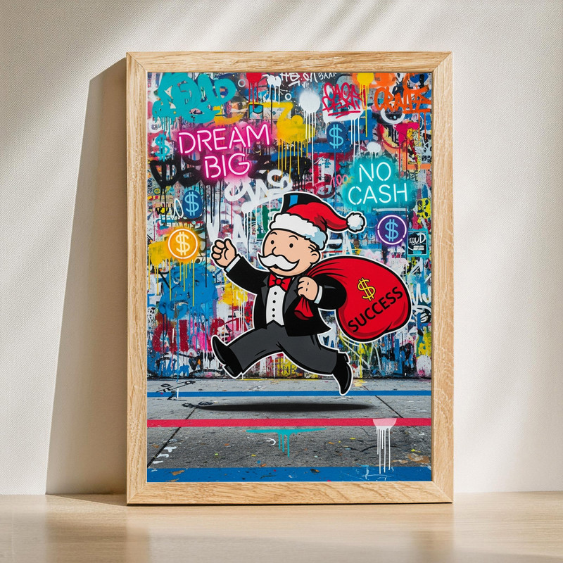 Santa hustle canvas wall art with 'Dream Big, No Cash, All Success' typography, bold holiday motivation for home office walls