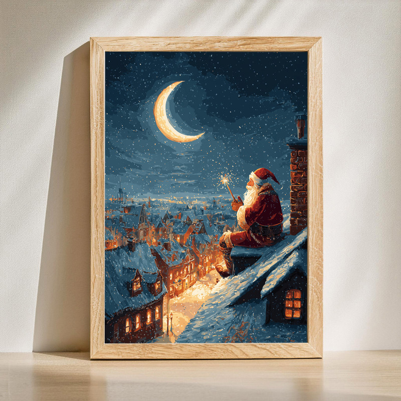 Santa's rooftop magic Christmas night canvas wall art with sleigh and reindeer above a snowy chimney under a glowing moon | Familywalldecor