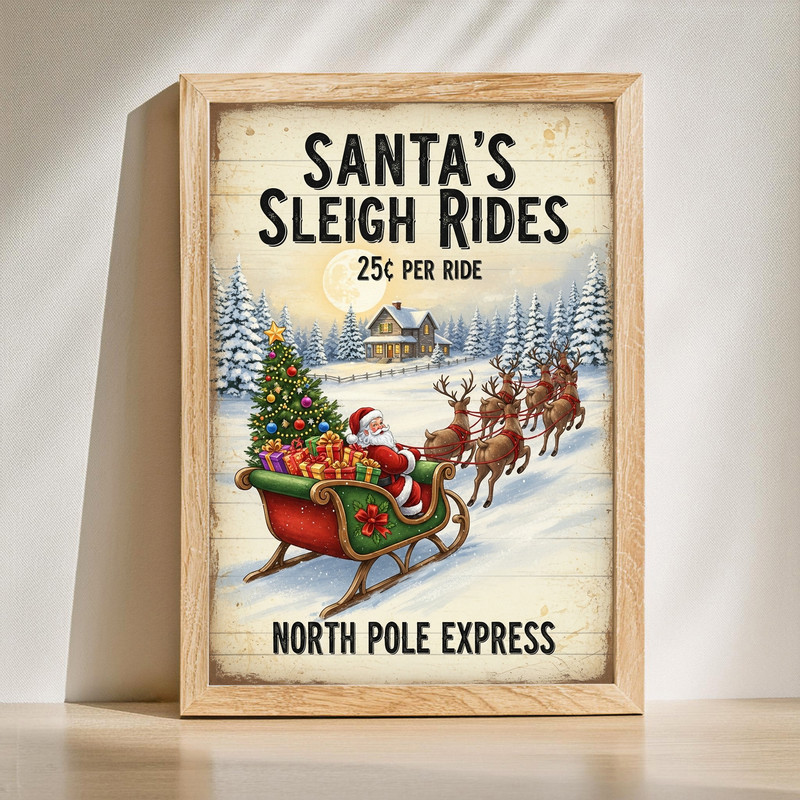 Santa’s Sleigh Rides vintage Christmas canvas wall art with farmhouse distressed lettering for hallway decor | Familywalldecor