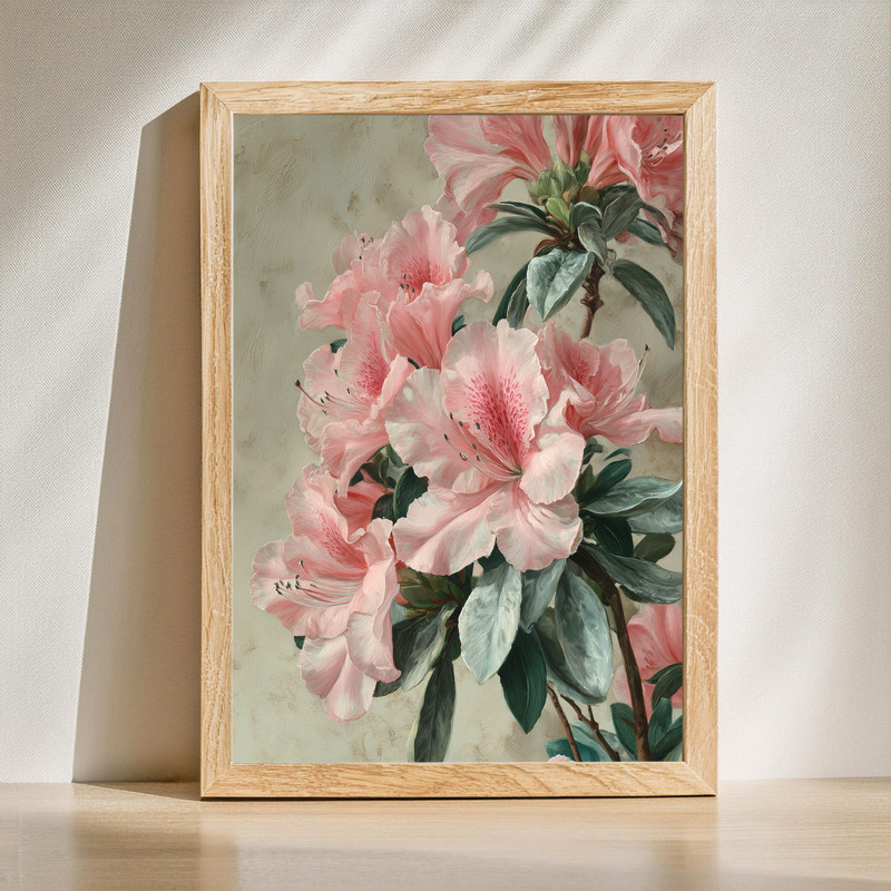 Soft pink azaleas canvas wall art, minimal botanical print on white background, portrait orientation for serene bedroom decor | Family Wall Decor