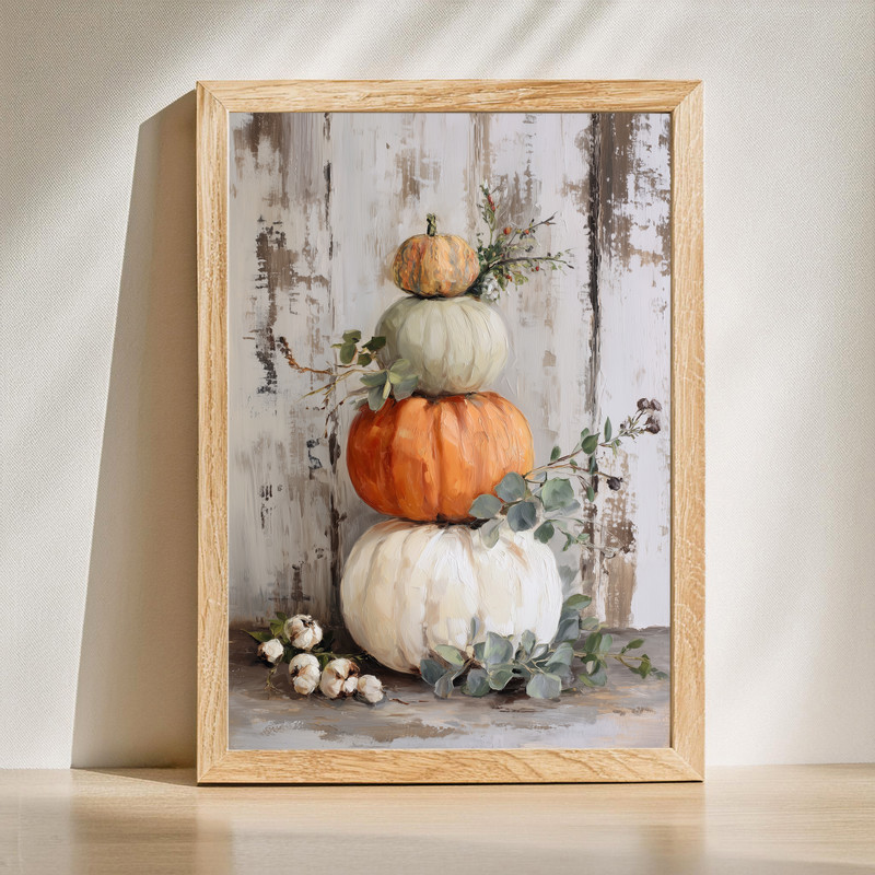Stacked farmhouse pumpkins canvas wall art with eucalyptus and dried florals, neutral autumn decor for hallway or entryway | Family Wall Decor