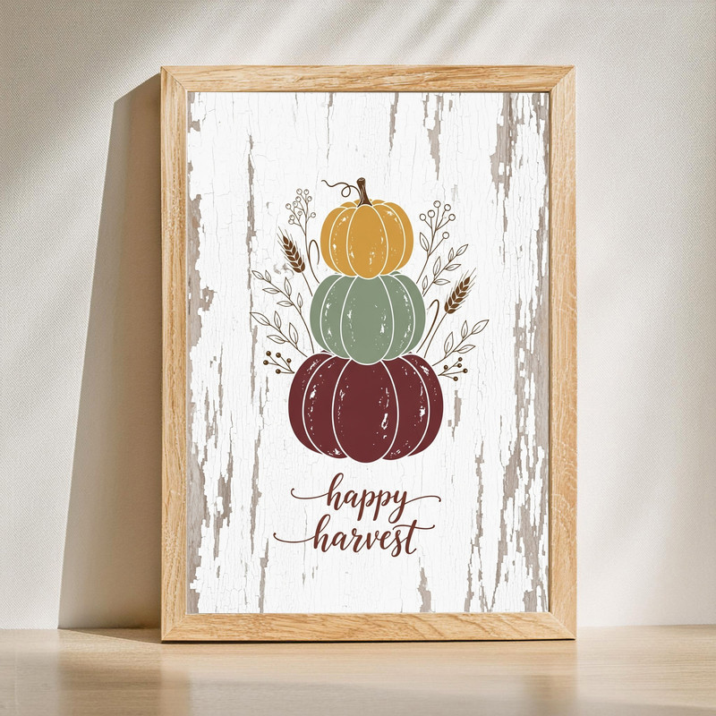 Happy Harvest fall canvas wall art featuring stacked pumpkins in rustic style for hallway decor, warm neutrals, vertical | Family Wall Decor