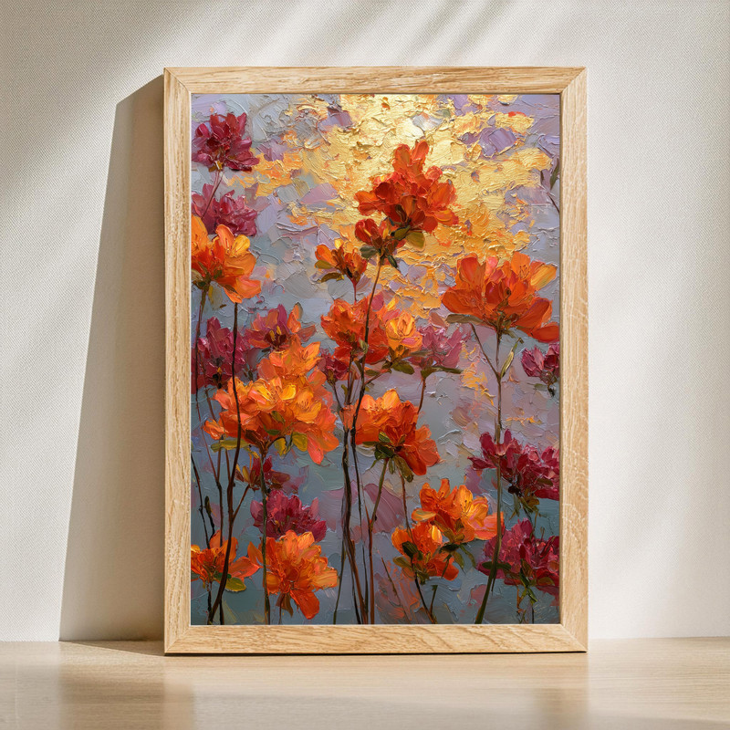 Sunny azalea garden canvas wall art with pink blossoms and golden sunlight, landscape orientation, bright impressionist style | Familywalldecor