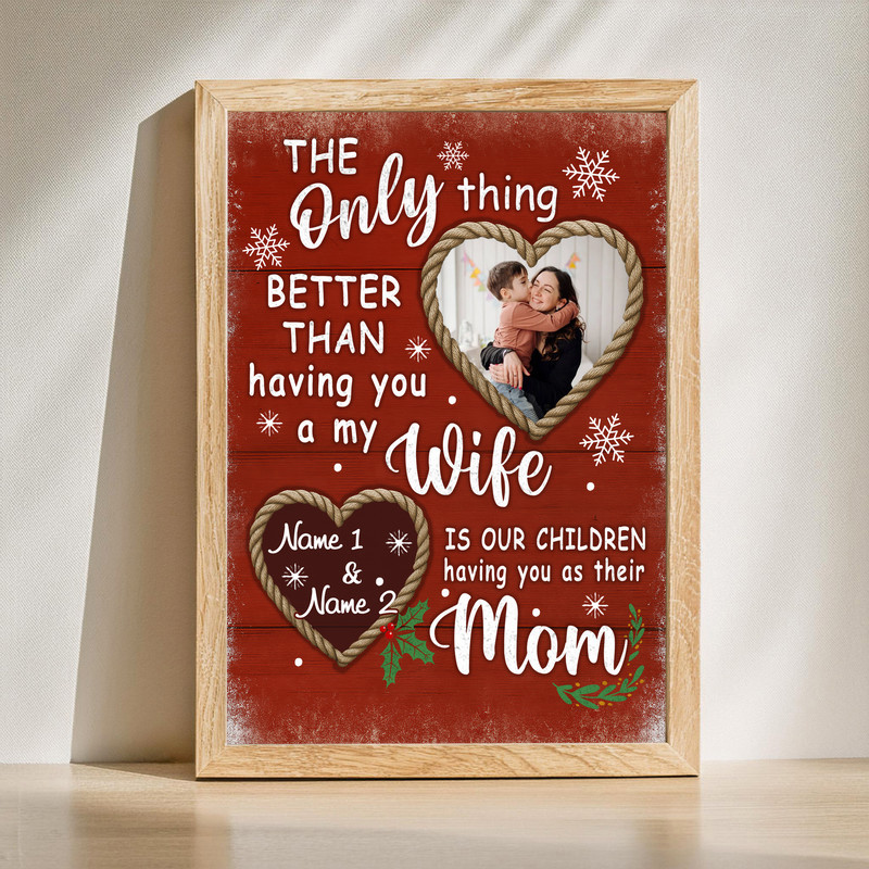 Romantic Christmas wife quote canvas wall art personalized with names and date, rustic wood background, horizontal | Family Wall Decor