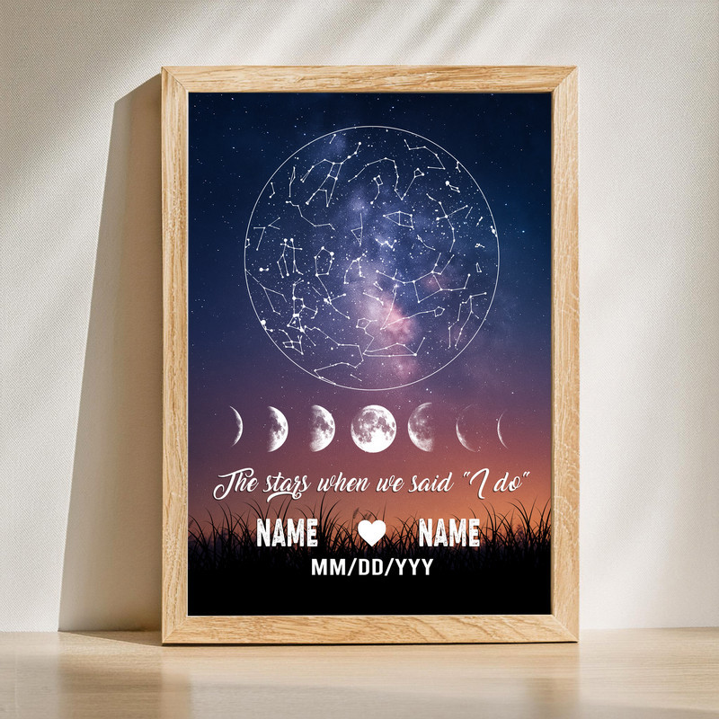 Wedding night sky star map canvas print personalized with couple names, wedding date, and location; portrait wall art | Familywalldecor