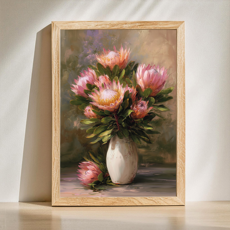 Protea bouquet canvas wall art with blush pink blooms and soft green foliage on a neutral ground, minimalist botanical look. | Family Wall Decor
