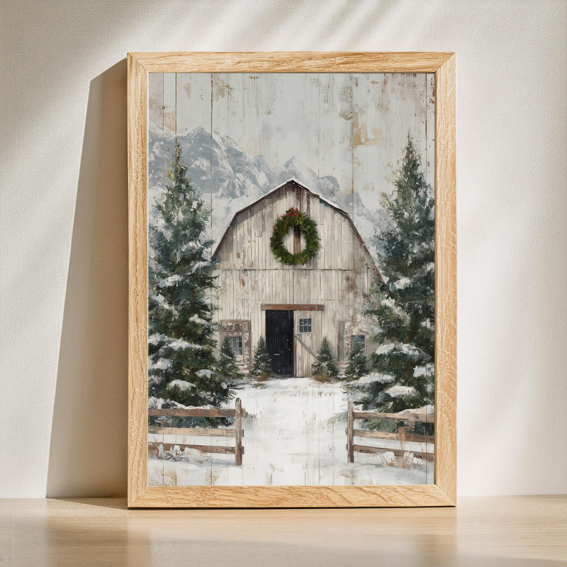 Rustic Christmas vintage barn canvas wall art for farmhouse entryway decor, cozy winter country style with weathered charm | Familywalldecor