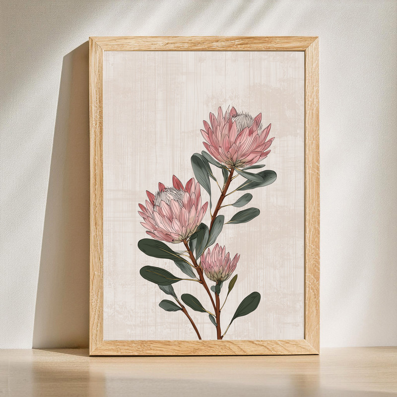 Protea botanical canvas wall art, vintage elegance, detailed bloom on aged parchment background, portrait orientation | Family Wall Decor