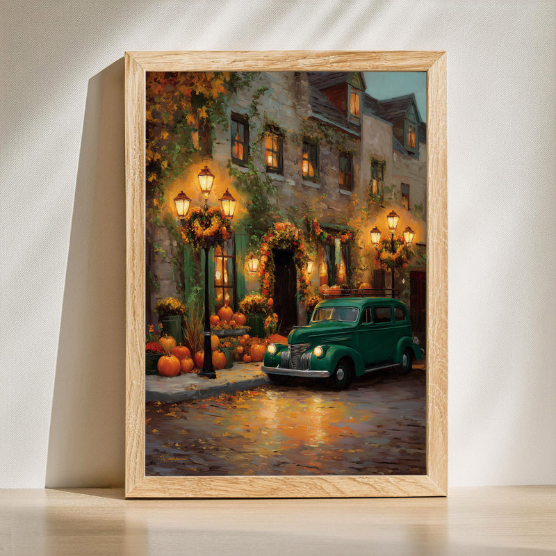 Vintage Thanksgiving Street canvas wall art featuring a nostalgic autumn street scene and rustic harvest accents for entryway decor | Familywalldecor